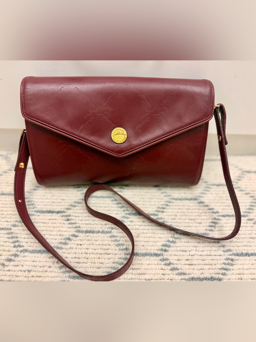LONGCHAMP Vintage 80’s Rare Burgundy Embossed Horse Leather Crossbody Clutch - Picture 1 of 16